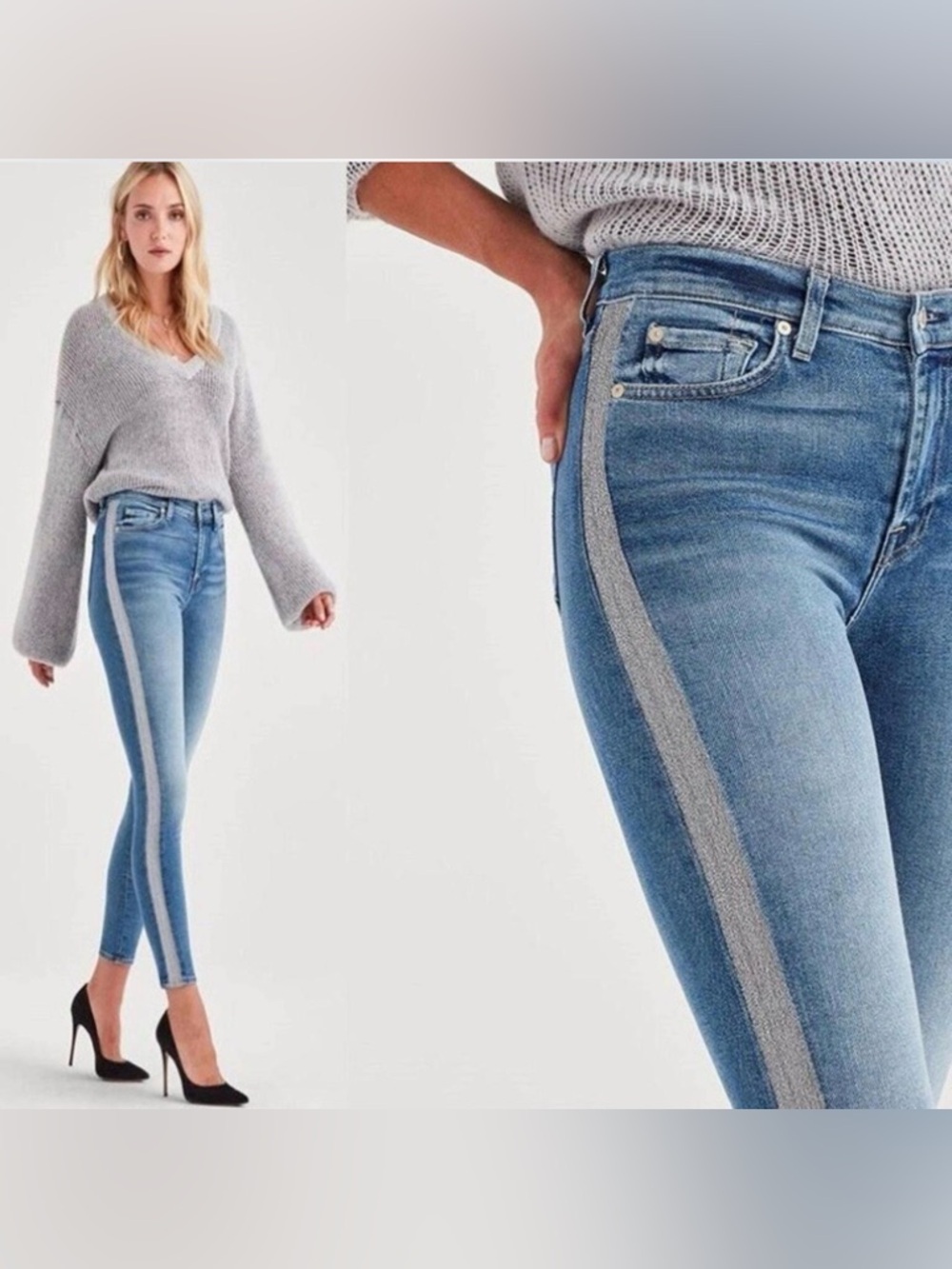 7 For All Mankind Light Blue Skinny Jeans with Silver Side Stripe, Y2K outfit